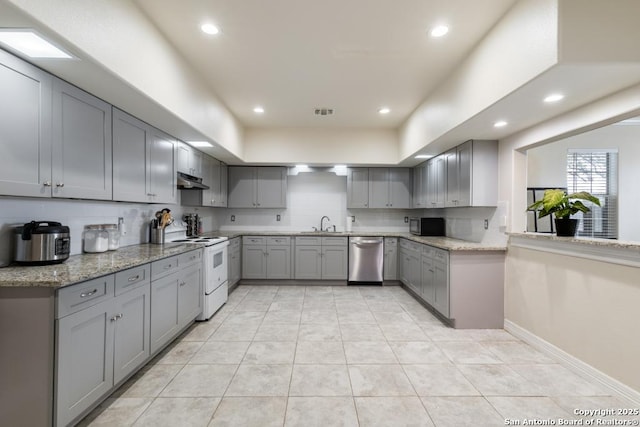 kitchen with dishwasher, decorative backsplash, electric range, light tile patterned floors, and gray cabinetry