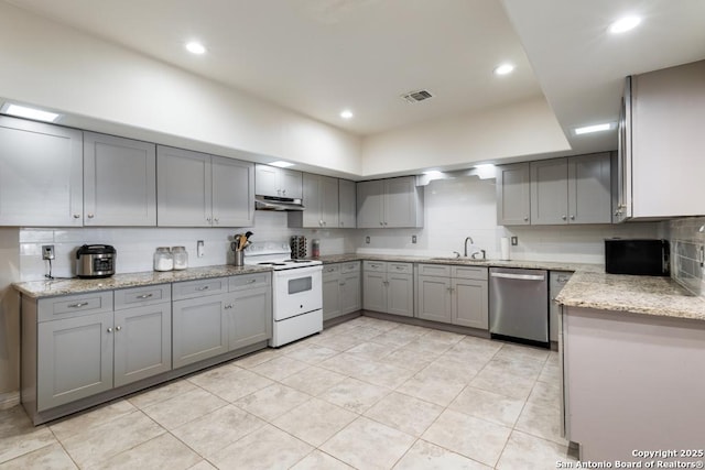 kitchen with decorative backsplash, electric stove, sink, stainless steel dishwasher, and gray cabinetry