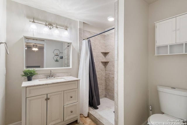 bathroom featuring vanity, toilet, and a shower with shower curtain