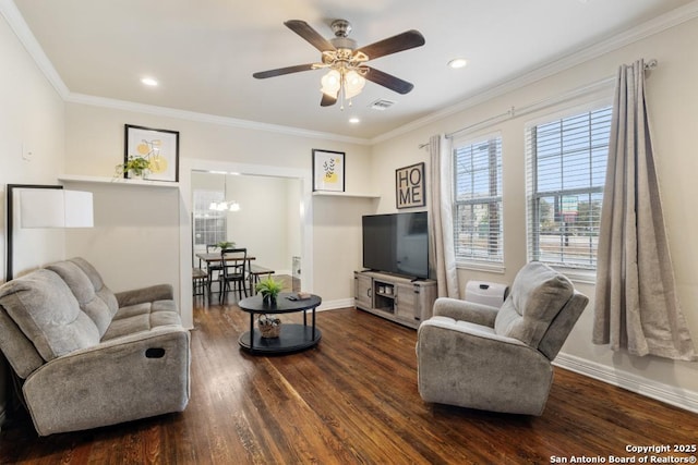 living room with ceiling fan, dark hardwood / wood-style flooring, and ornamental molding