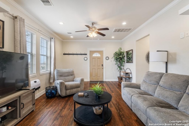 living room with ceiling fan, crown molding, and dark hardwood / wood-style floors