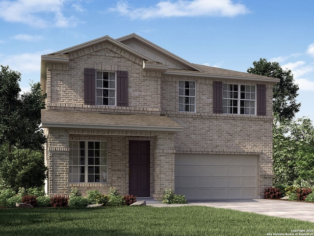 view of front of house with a garage and a front lawn