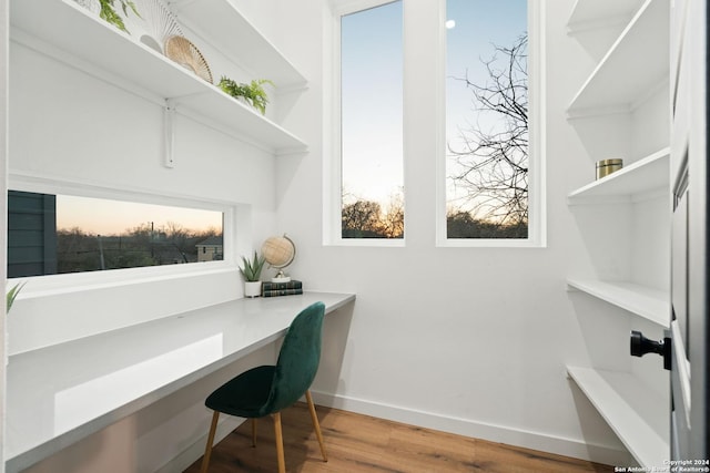 home office featuring built in desk and wood-type flooring