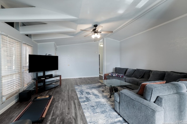 living room featuring ceiling fan, dark wood-type flooring, ornamental molding, and lofted ceiling