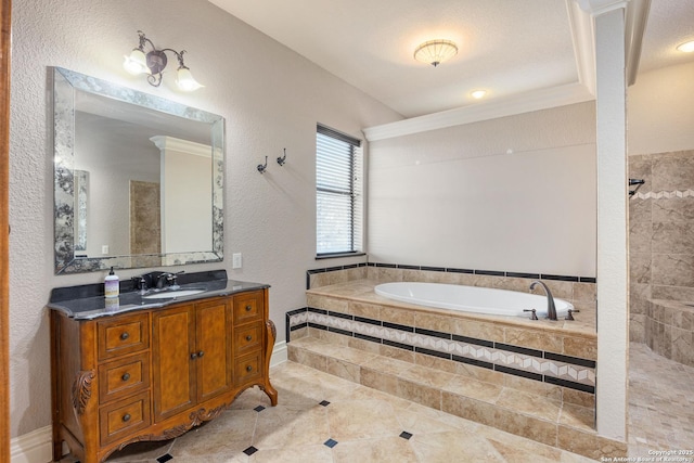 bathroom featuring ornamental molding, tiled bath, tile patterned floors, and vanity