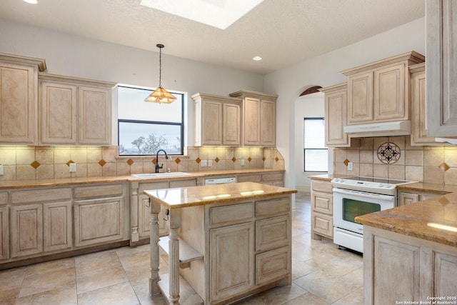 kitchen with sink, a healthy amount of sunlight, white appliances, and light brown cabinets