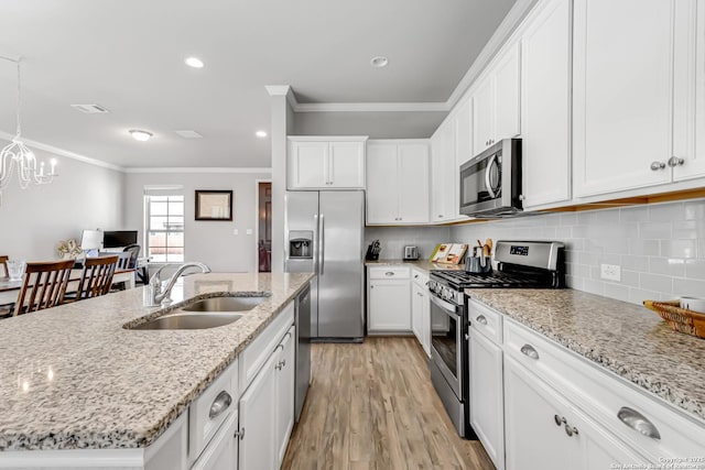 kitchen with appliances with stainless steel finishes, white cabinetry, hanging light fixtures, a kitchen island with sink, and sink