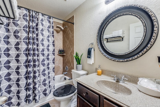 full bathroom with toilet, a textured ceiling, shower / bath combination with curtain, and vanity