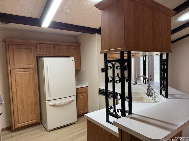 kitchen featuring light hardwood / wood-style floors, white fridge, a textured ceiling, and sink