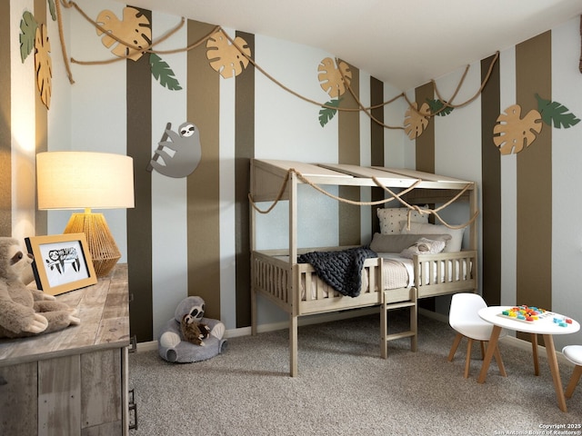 bedroom featuring carpet floors and a crib