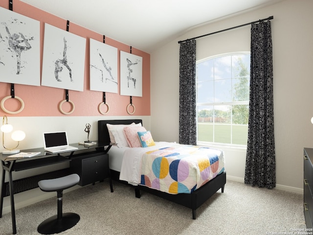 carpeted bedroom with multiple windows and lofted ceiling