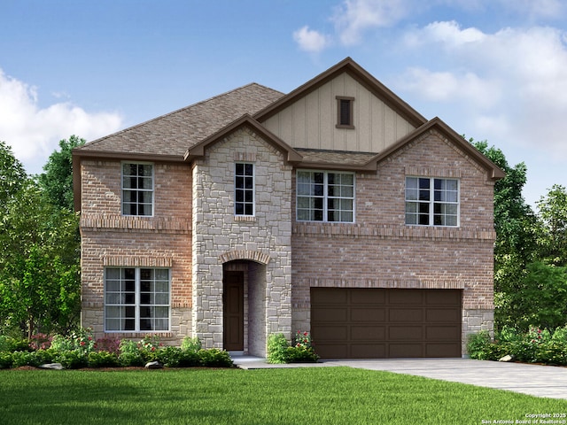 view of front facade featuring a garage and a front lawn