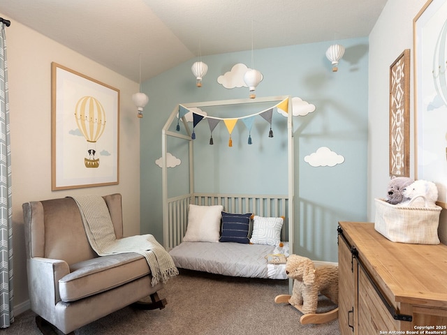 living area with carpet floors and lofted ceiling