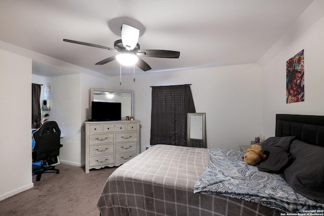 bedroom featuring ceiling fan and light carpet