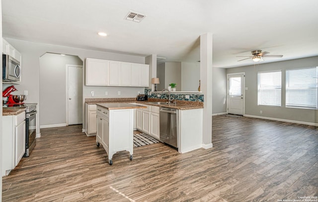 kitchen featuring appliances with stainless steel finishes, white cabinetry, ceiling fan, sink, and hardwood / wood-style flooring