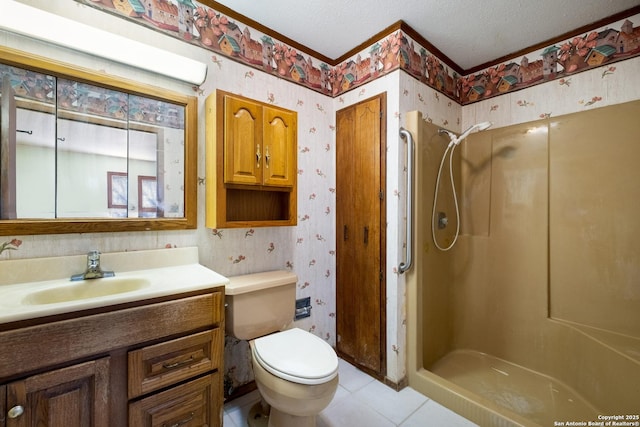 bathroom featuring tile patterned flooring, vanity, a textured ceiling, toilet, and walk in shower