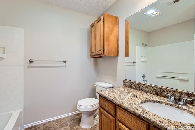 full bathroom with vanity, toilet, a textured ceiling, and shower / tub combination