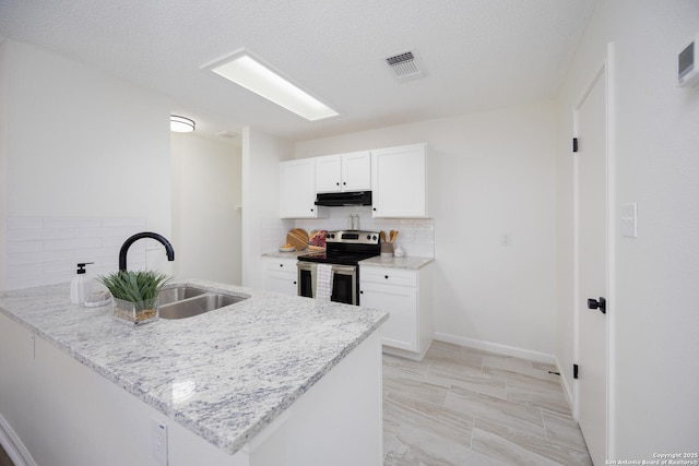 kitchen featuring white cabinetry, decorative backsplash, sink, electric range, and kitchen peninsula