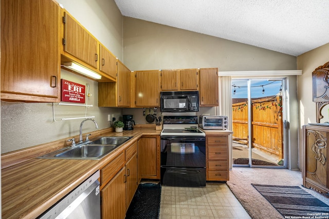 kitchen featuring a textured ceiling, stainless steel dishwasher, sink, vaulted ceiling, and electric range oven