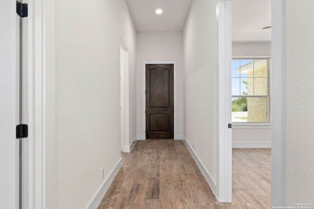 hallway with light hardwood / wood-style flooring