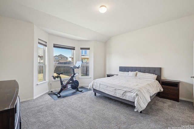 carpeted bedroom featuring lofted ceiling