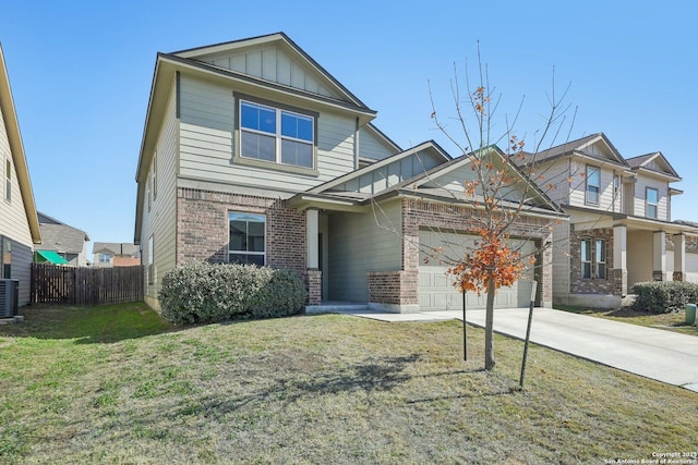 craftsman house featuring a garage, central air condition unit, and a front lawn