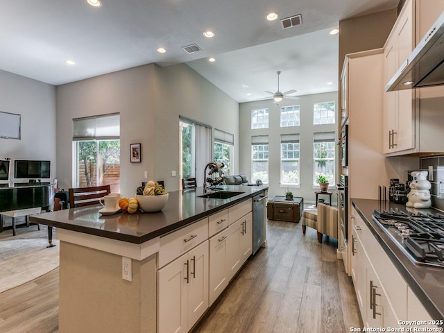 kitchen with sink, light wood-type flooring, white cabinetry, an island with sink, and stainless steel appliances