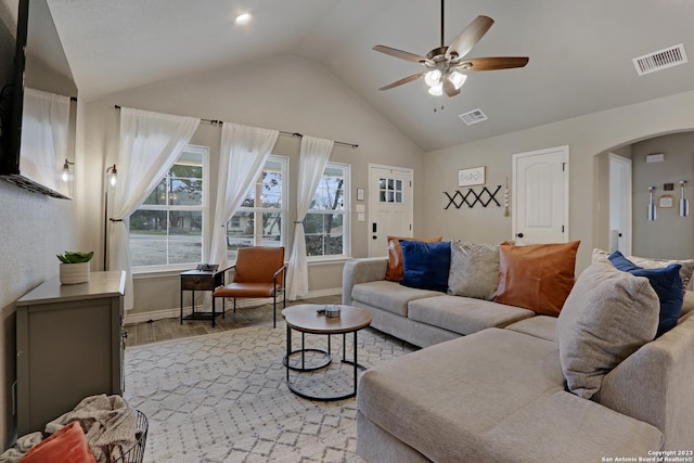 652 Canyon Bnd, Canyon Lake, TX 78133 - living room with light hardwood / wood-style flooring, vaulted ceiling, and ceiling fan