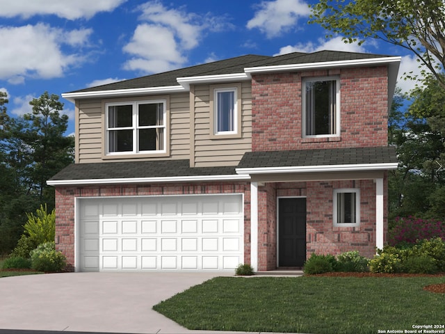 view of front of property with a front yard and a garage