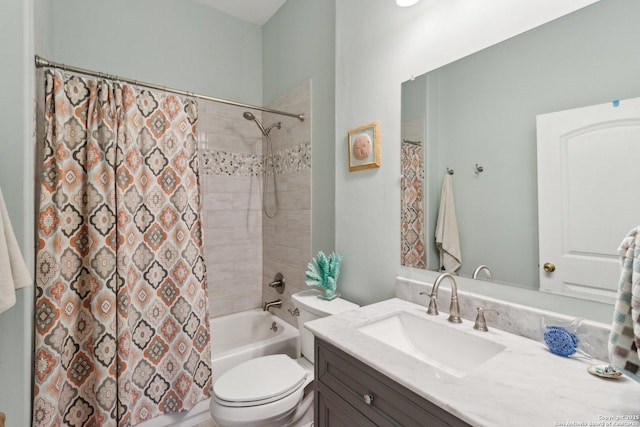 full bathroom with shower / bath combo with shower curtain, toilet, and vanity