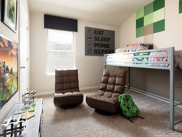 carpeted bedroom featuring multiple windows and vaulted ceiling