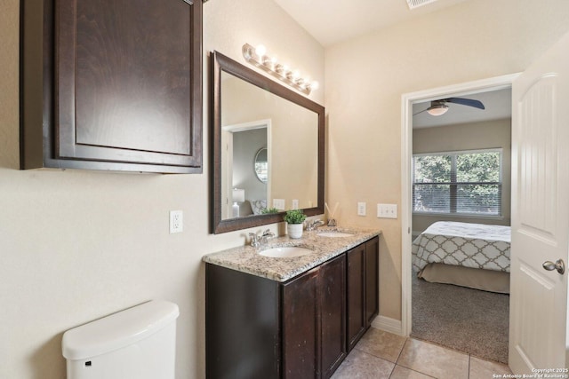 bathroom with vanity, toilet, ceiling fan, and tile patterned flooring