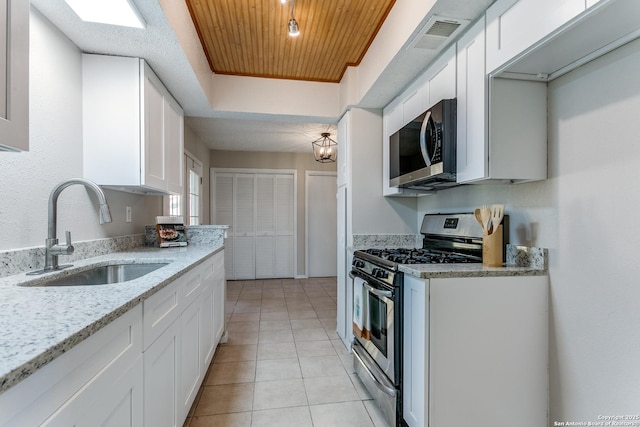 kitchen featuring wooden ceiling, sink, white cabinetry, and stainless steel appliances