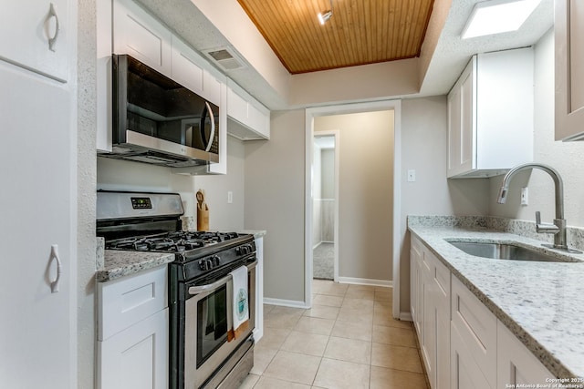 kitchen featuring stainless steel appliances, white cabinetry, and wooden ceiling