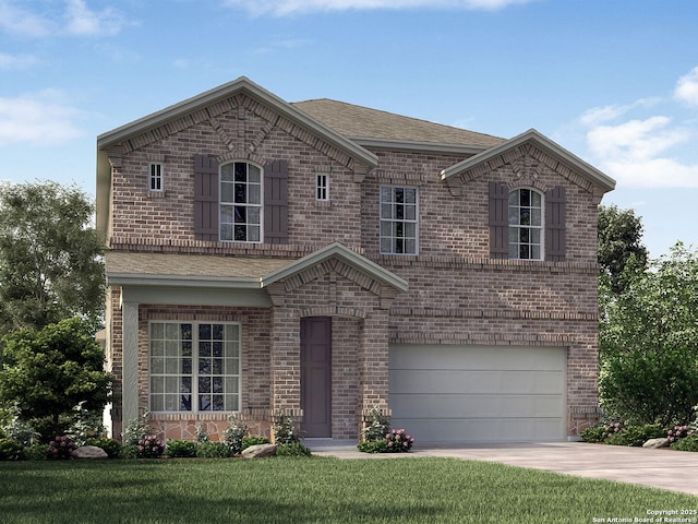 view of property with a front yard and a garage