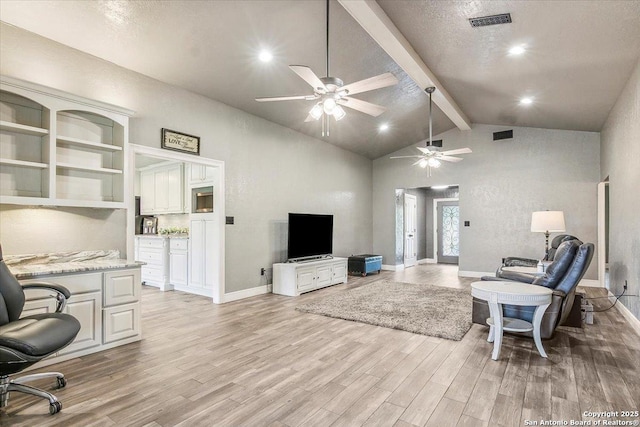 living room with a textured ceiling, light hardwood / wood-style floors, ceiling fan, high vaulted ceiling, and beam ceiling