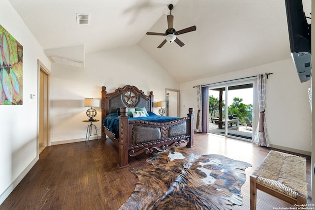 bedroom with ceiling fan, dark hardwood / wood-style floors, access to outside, and vaulted ceiling