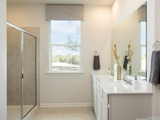 bathroom with vanity, a shower with shower door, and plenty of natural light