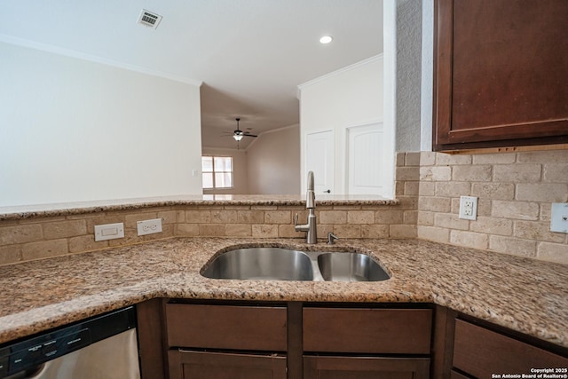 kitchen with light stone counters, sink, dishwasher, and ornamental molding