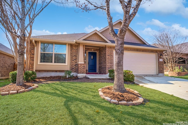 craftsman inspired home with a garage and a front yard