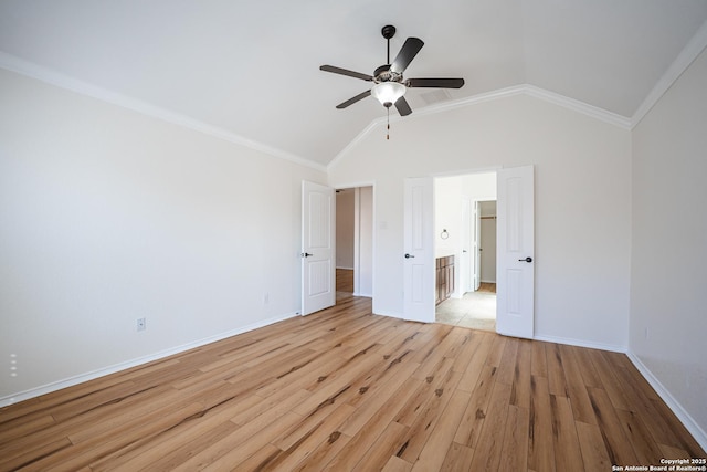 unfurnished bedroom featuring light wood-type flooring, ceiling fan, high vaulted ceiling, and ornamental molding