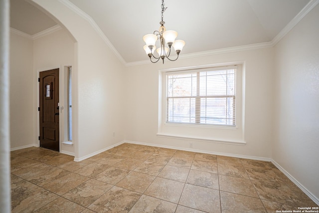 empty room featuring a notable chandelier and crown molding