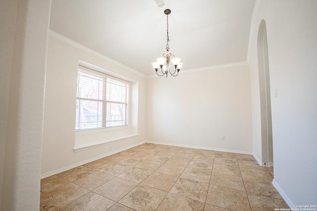 unfurnished room with an inviting chandelier and ornamental molding