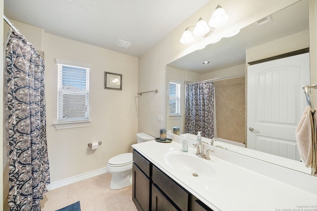 bathroom featuring tile patterned floors, vanity, toilet, and a shower with shower curtain