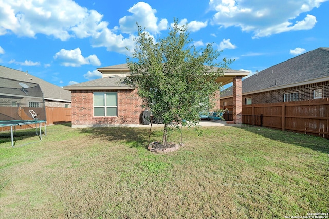 rear view of property with a patio area, a lawn, and a trampoline