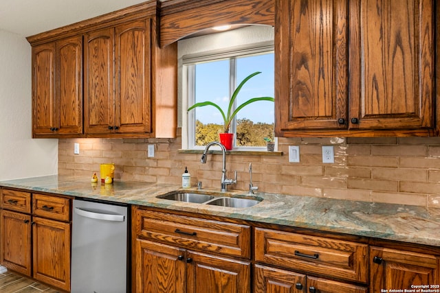 kitchen featuring tasteful backsplash, sink, stainless steel dishwasher, and stone counters