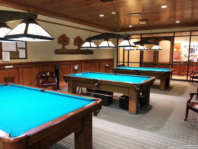 playroom featuring ornamental molding, light colored carpet, wooden ceiling, and billiards