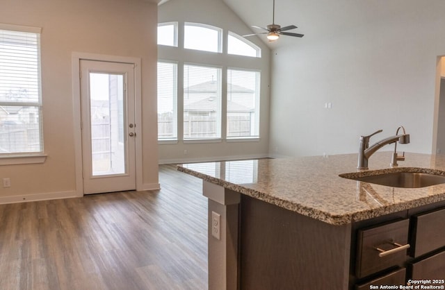 kitchen featuring hardwood / wood-style floors, lofted ceiling, sink, light stone counters, and dark brown cabinets