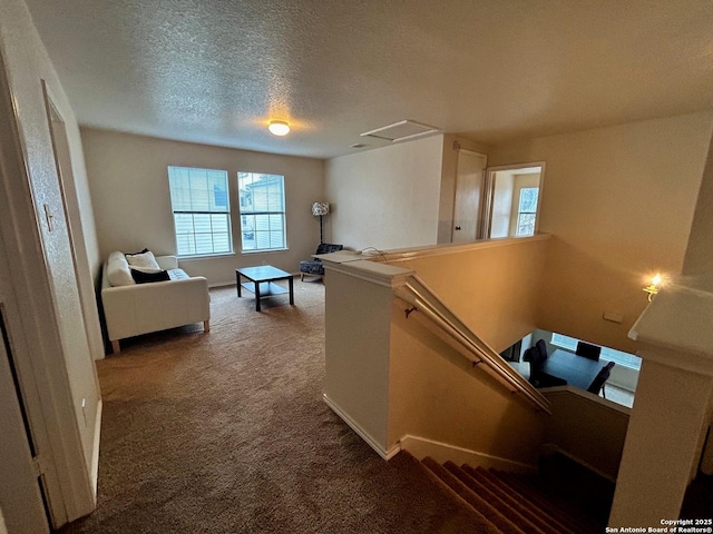 hall with carpet and a textured ceiling