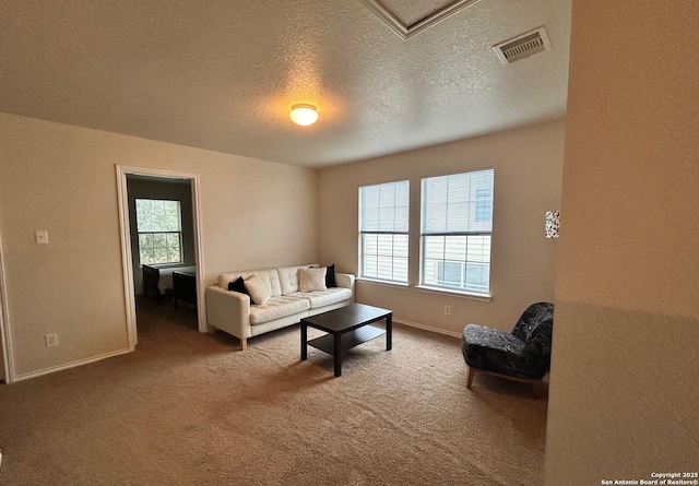 carpeted living room with a textured ceiling